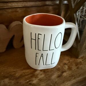 Hello Fall White Rae Dunn Ceramic Mug with Orange Interior- LIKE NEW